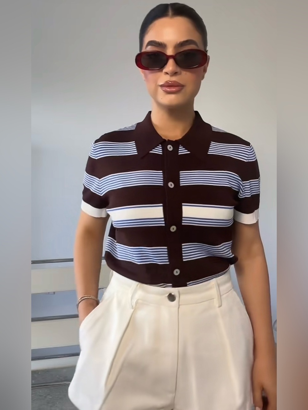 🤎 ZARA Striped Tone-on-Tone Polo Short Sleeve Shirt sz M